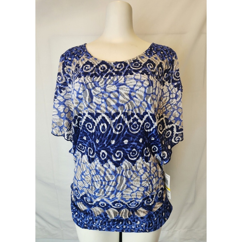 JM Collection Womens M Short Flutter Sleeve Blue  Glitter Shiny Top Blouse